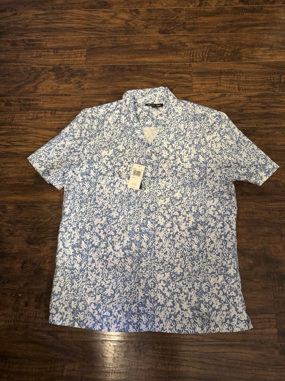 Michael Kors Mens Blue White Floral Short Sleeve Button Up Shirt Size L
